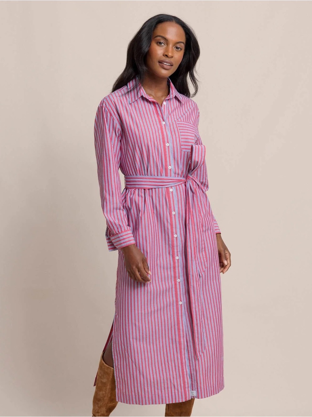 Southern Tide Farren Crimson Striped Button-Front Shirt Dress with Waist Tie